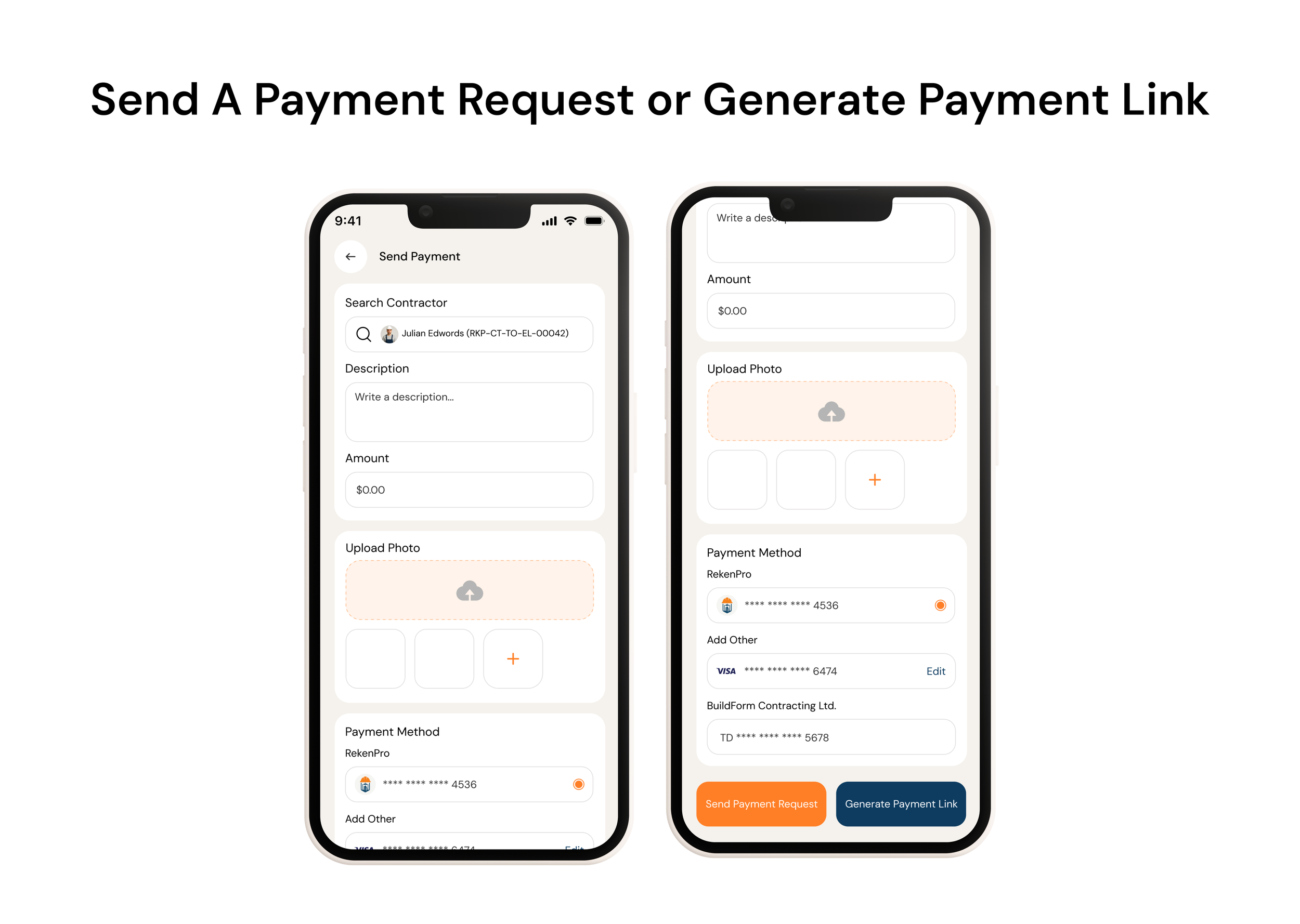 Mobile app screens for sending a payment request. The screens show fields for contractor search, description, amount, photo upload, and payment method options, with buttons for sending the request or generating a payment link.