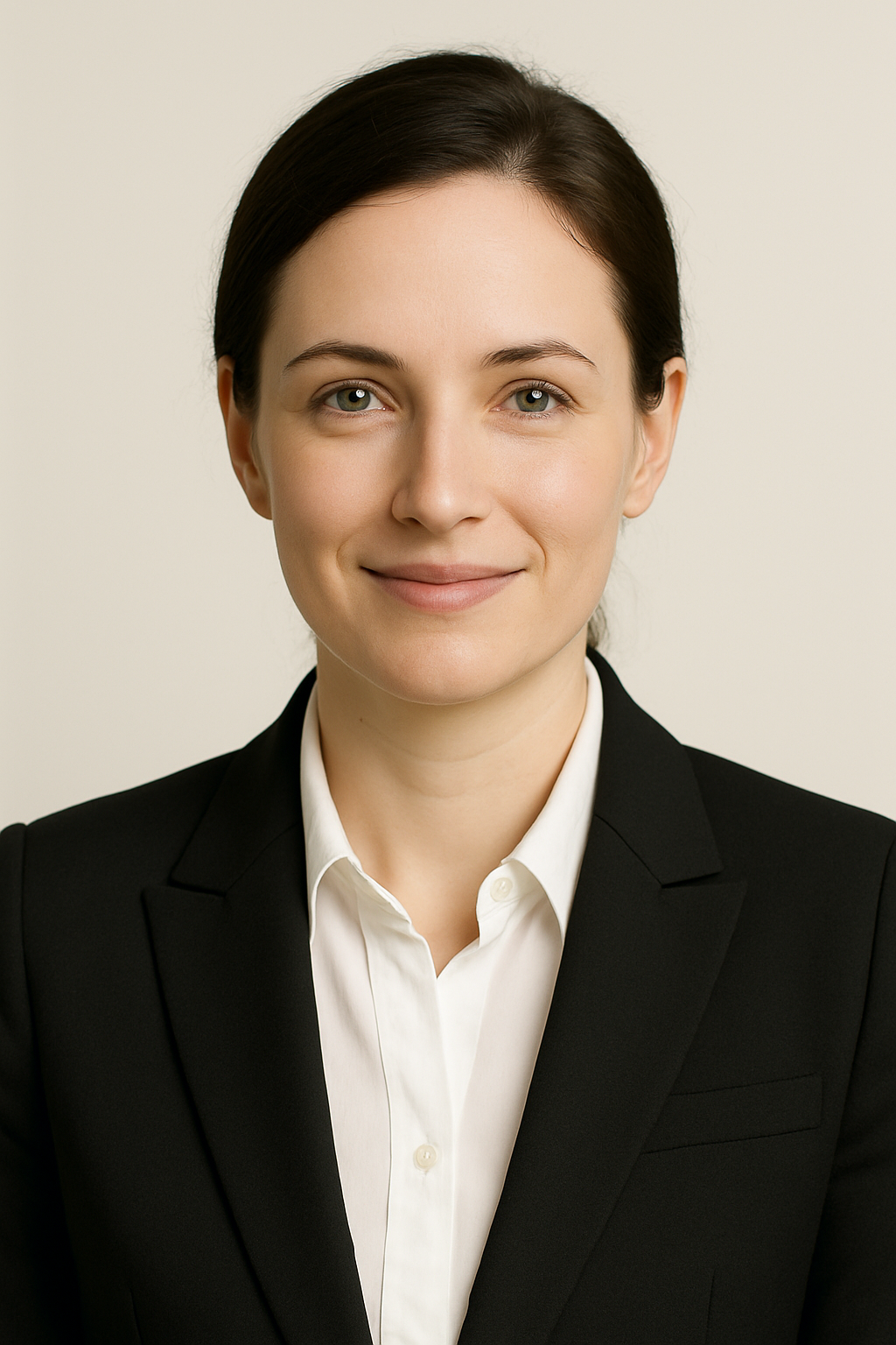 Professional headshot of a woman with dark hair in a ponytail, wearing a black blazer and white collared shirt, smiling against a plain light background.