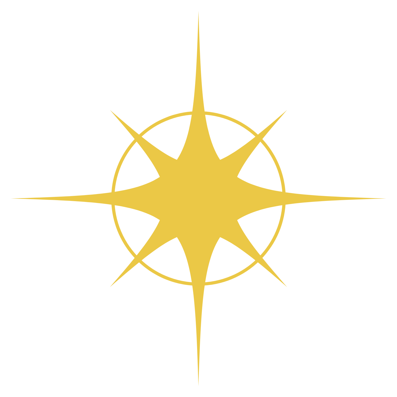 A gold compass with eight points on a black background.
