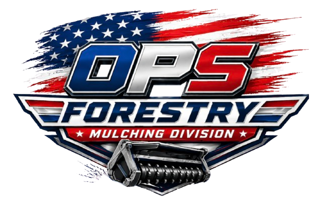 Logos for OPS Forestry Mulching Division with an American flag background and a forestry mulching machine at the bottom.