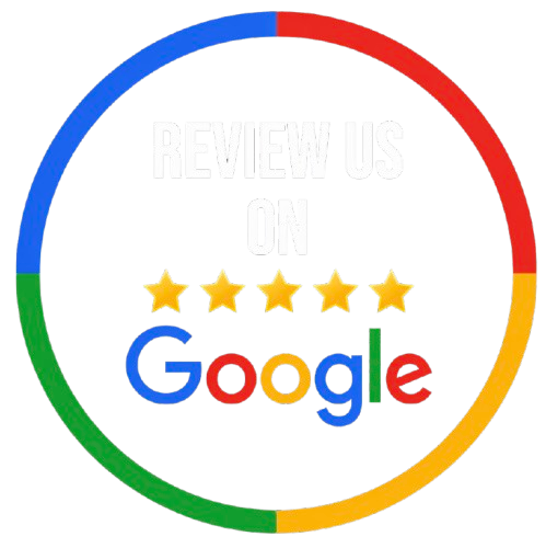 A circular badge with the words 'Review us on Google' and five gold stars, surrounded by a colored ring divided into blue, red, green, and yellow segments.