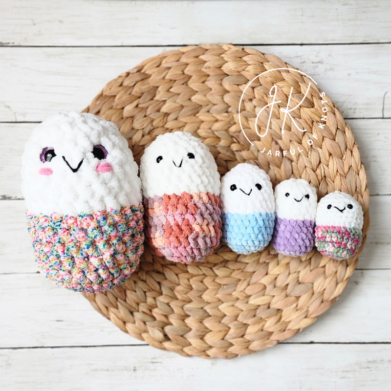 pill plushie in different yarns