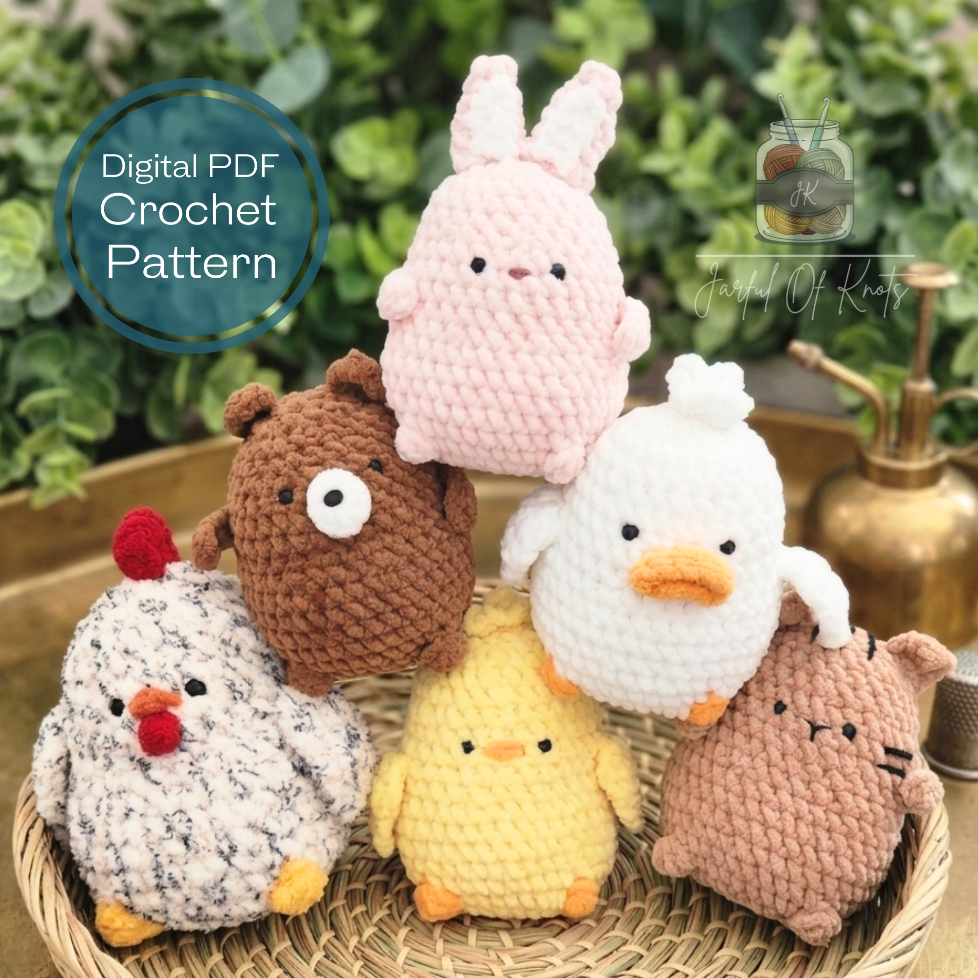 6-in-1 Chonky Plushie Crochet Pattern Bundle: Bunny, Bear, Kitty, Chicken, Chick, and Duck