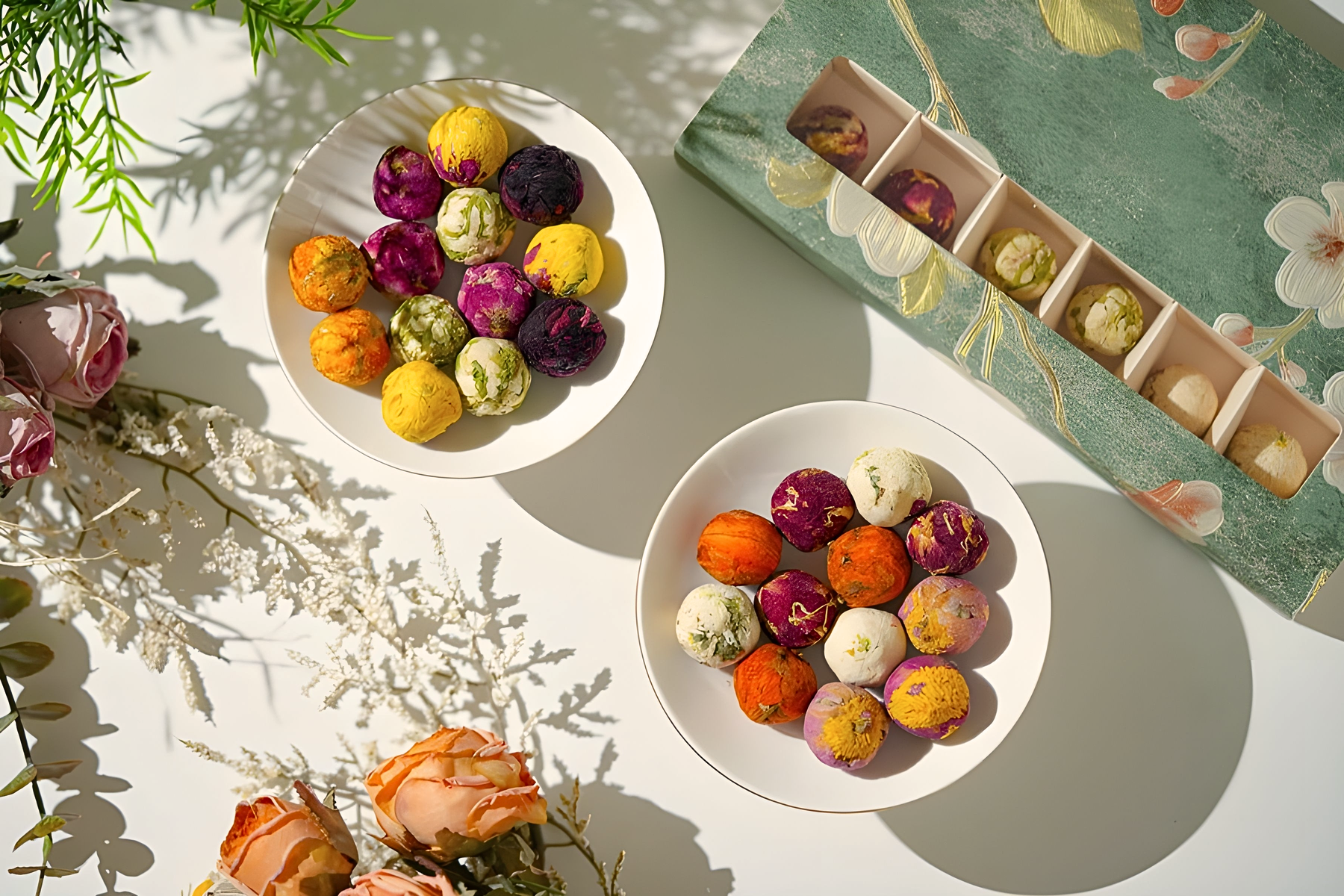 Two white plates of colorful truffles, a box of wrapped truffles, and flower arrangements on a tabletop with sunlight and shadows.