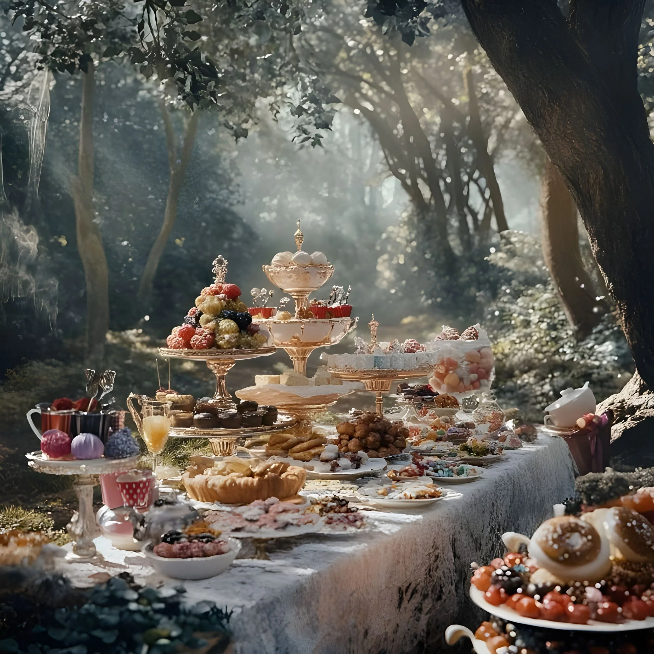 An outdoor dessert buffet set up in a wooded area with sunlight filtering through the trees, featuring various cakes, pastries, fruits, and confections displayed on elegant tiered stands and plates.