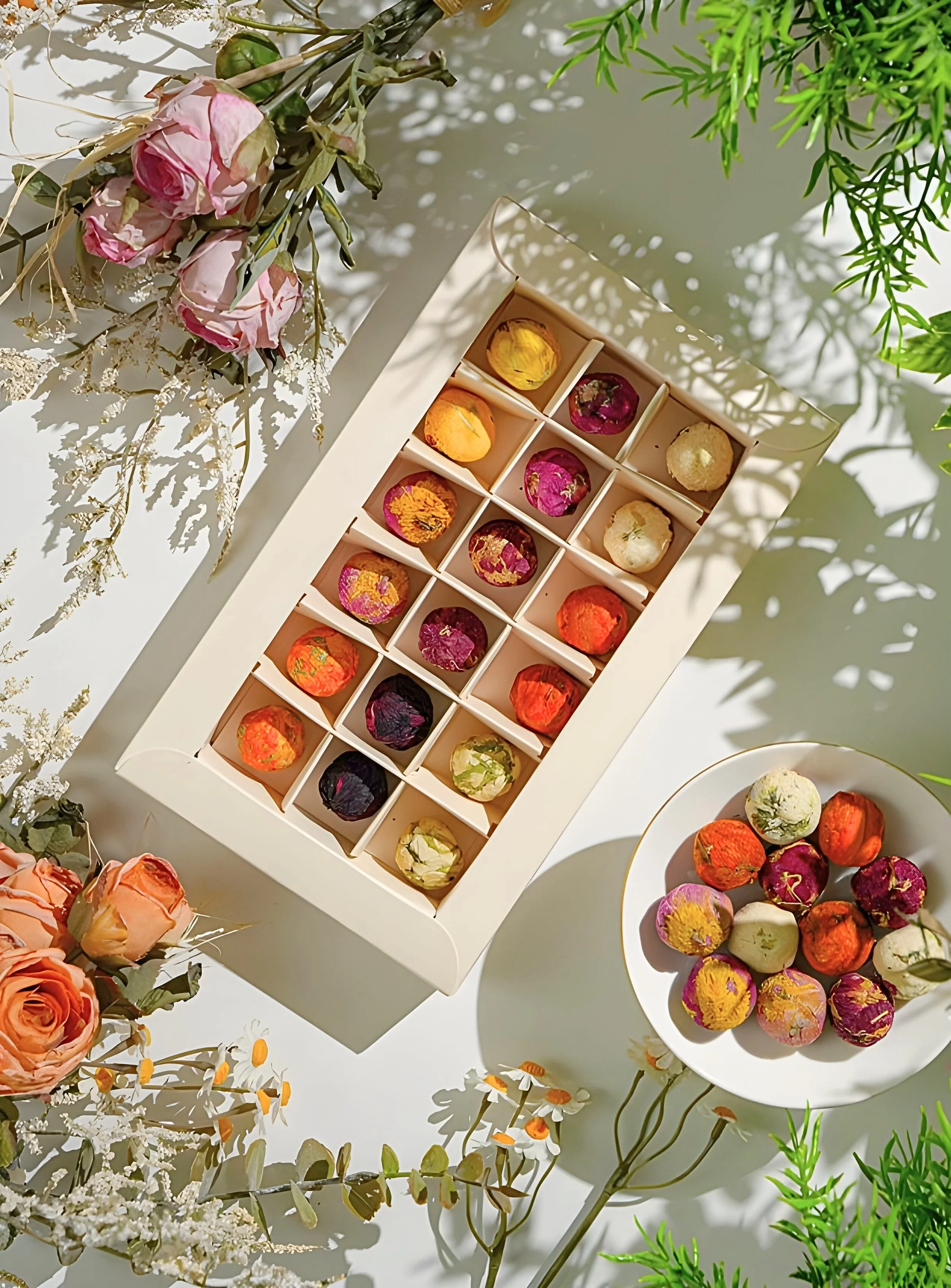 Colorful wrapped chocolates in a white box and on a white plate, surrounded by flowers and greenery on a white surface.