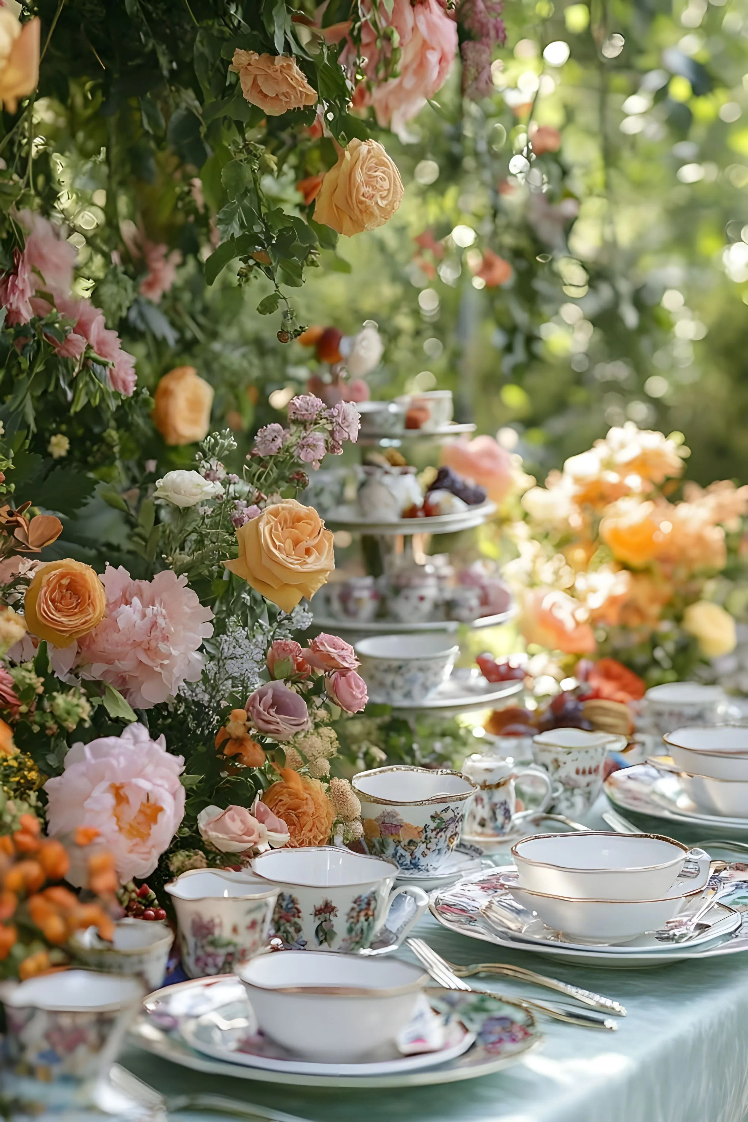 A beautifully set outdoor table with fine china and porcelain dishes surrounded by colorful flowers and lush greenery.