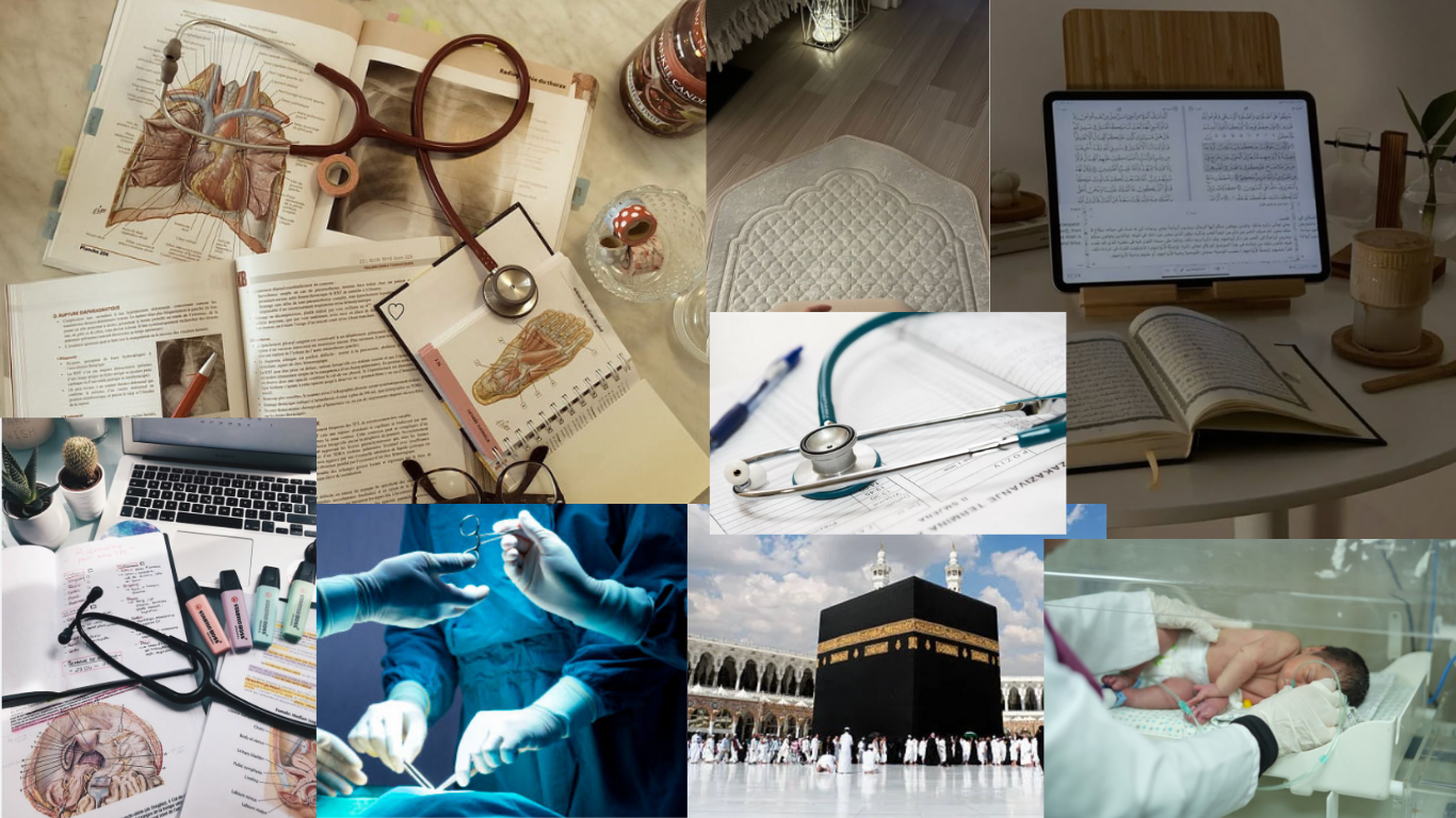 Collage of medical, religious, and study scenes: a doctor's workspace with anatomical books, stethoscope, and glasses; a bedroom with an open Quran and reading material on a bed; a digital tablet displaying Arabic script, with a cup and plant nearby; a laptop and medical supplies on a desk; a surgical procedure with gloved doctors; the Kaaba at Masjid al-Haram in Mecca with worshipers; a neonatal intensive care unit with a newborn baby and medical staff.