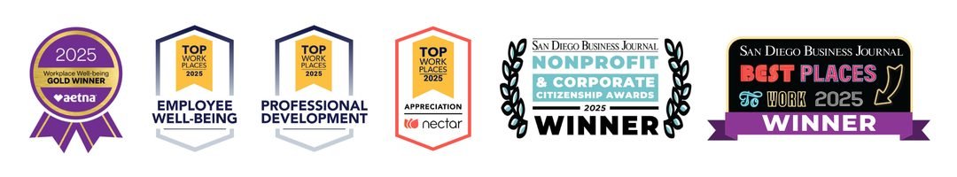 Award badges for workplace and community recognition, including Aetna Gold Winner 2025, Top Work Places 2025 for Employee Well-Being, Professional Development, and Appreciation, San Diego Business Journal Nonprofit & Corporate Winner, and San Diego Business Journal Best Places to Work 2025 Winner.
