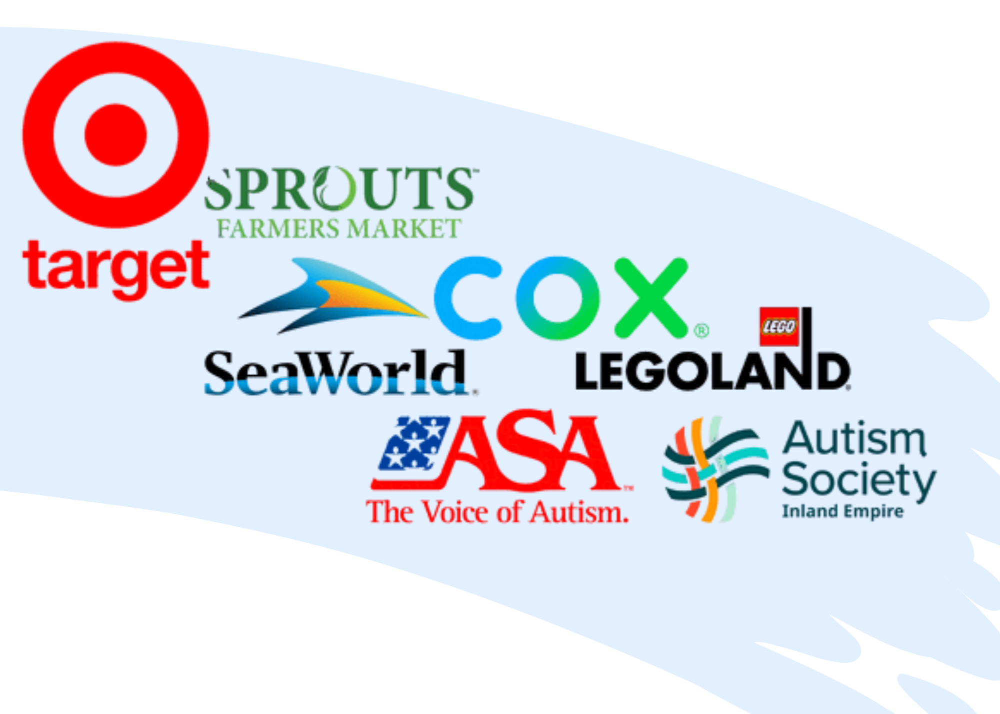 Collection of logos from various organizations and companies, including Target, Sprouts Farmers Market, Ciox, SeaWorld, LEGOLAND, USA, Autism Society, and others.