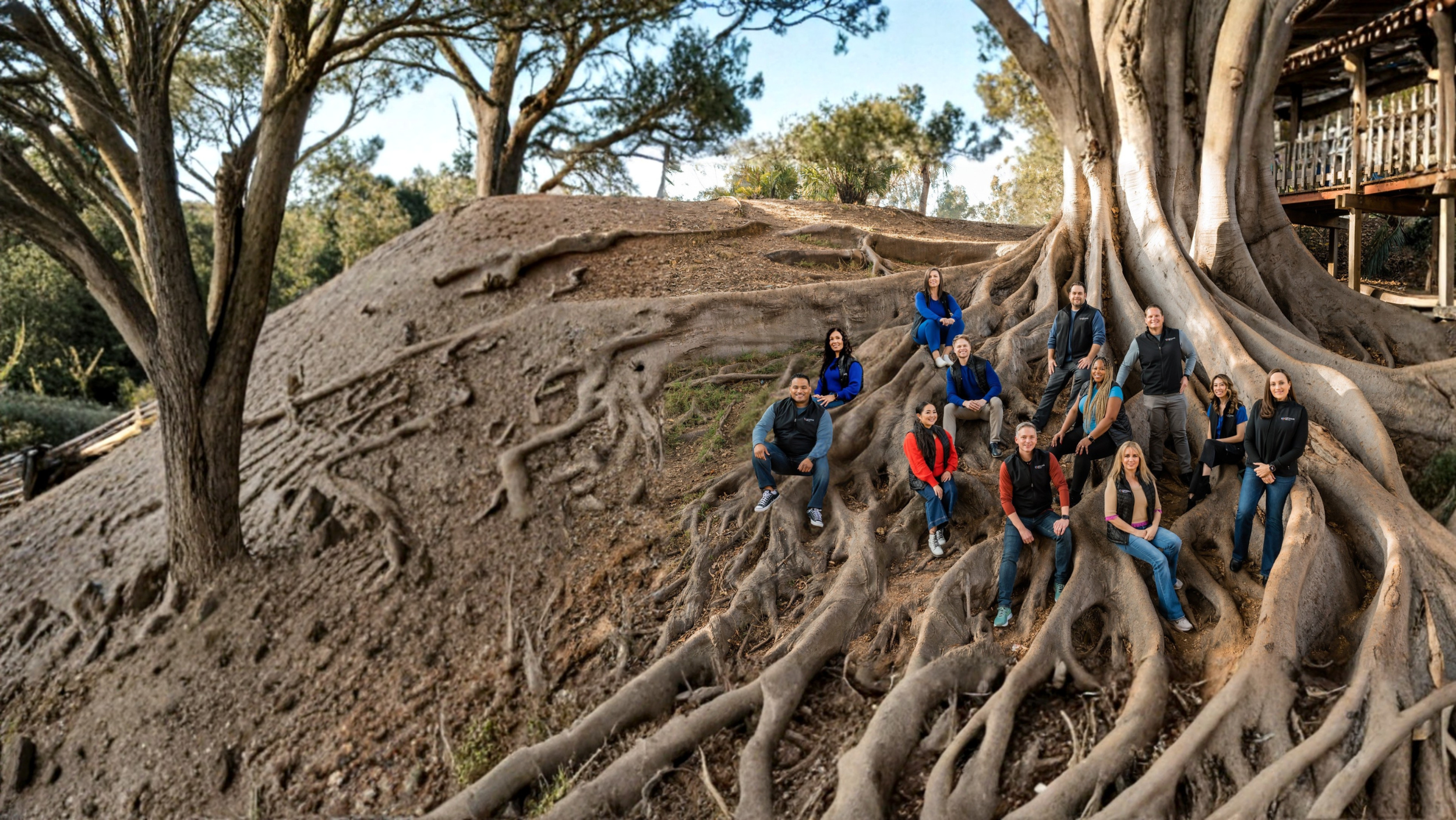 A group of people posing on the large roots of a sprawling, ancient tree outdoors, with some standing and others sitting on the roots. The scene appears to be in a park or natural area, with additional trees and a wooden structure visible in the background.