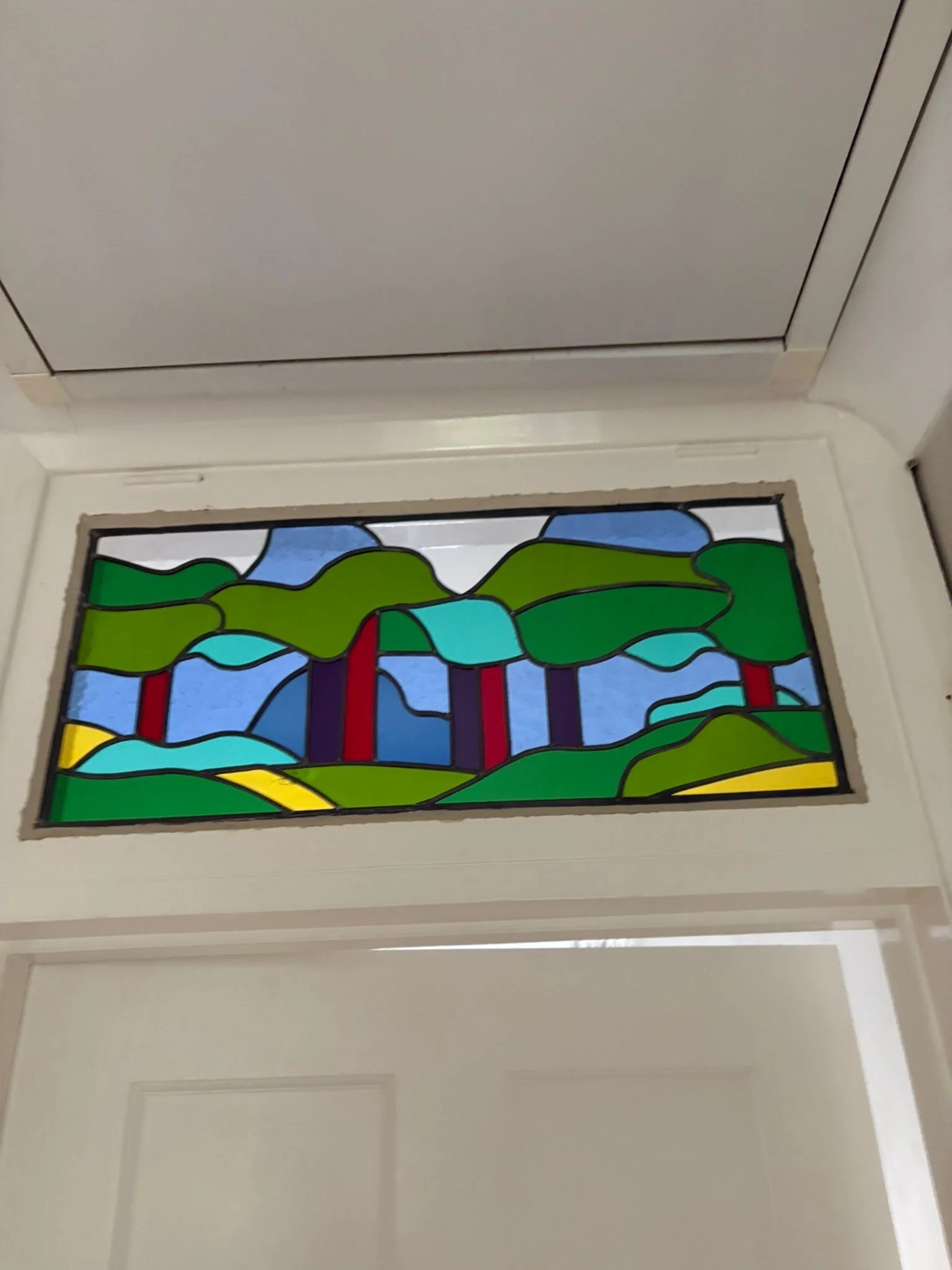 Commissioned internal window inspired by David Hockney prints, in situ, 2025