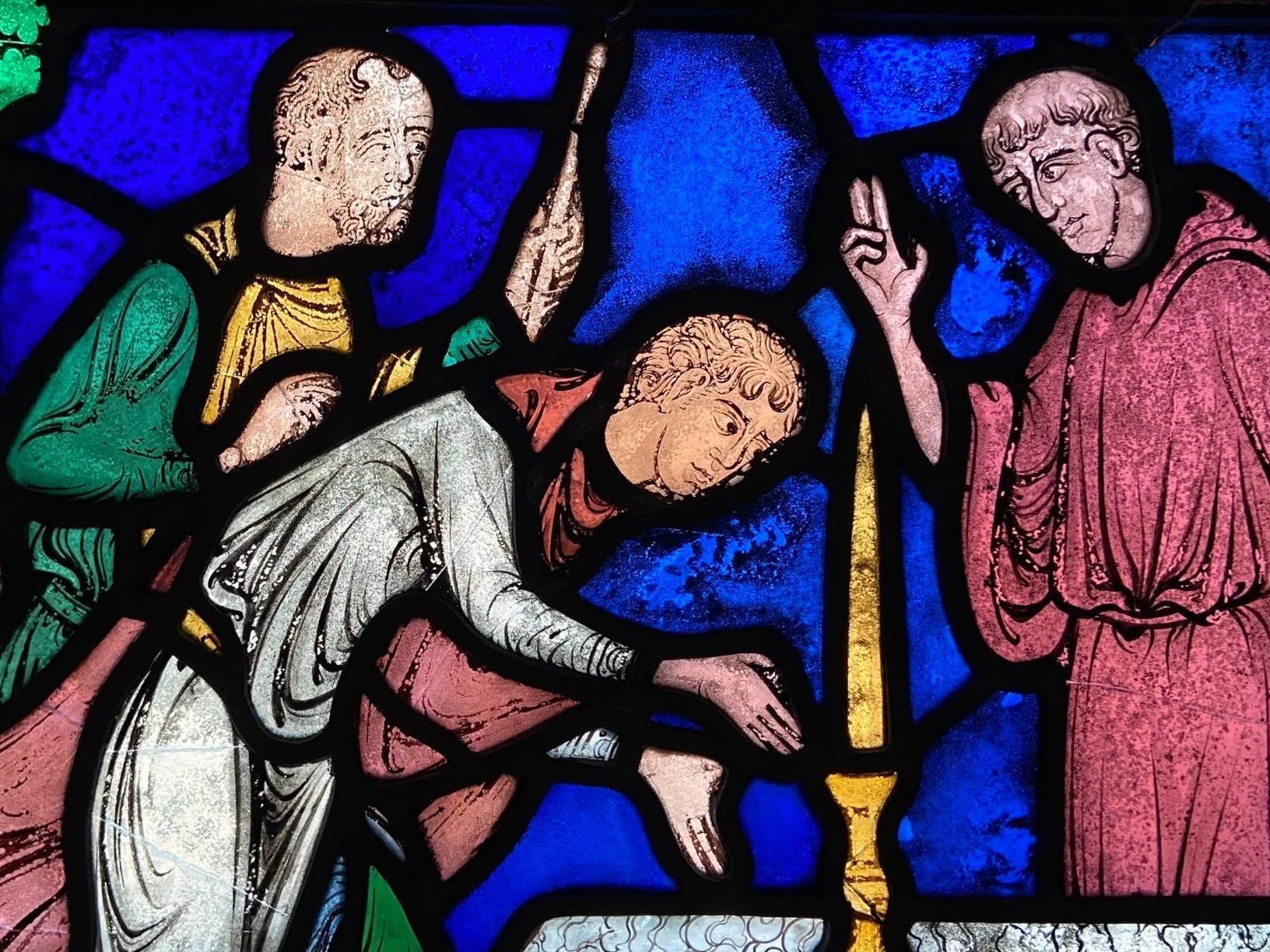 Painted infills after insertion in Canterbury Cathedral Miracle Window nIII