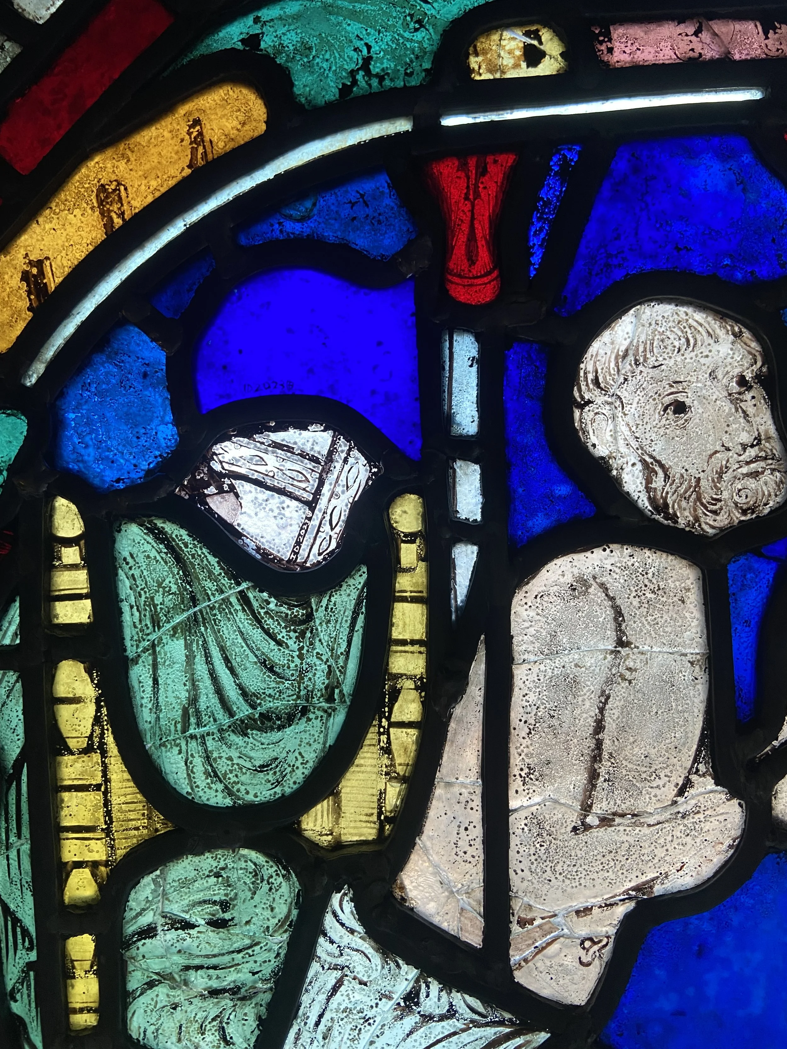Painted mitre infill after insertion in Canterbury Cathedral Miracle Window nIII