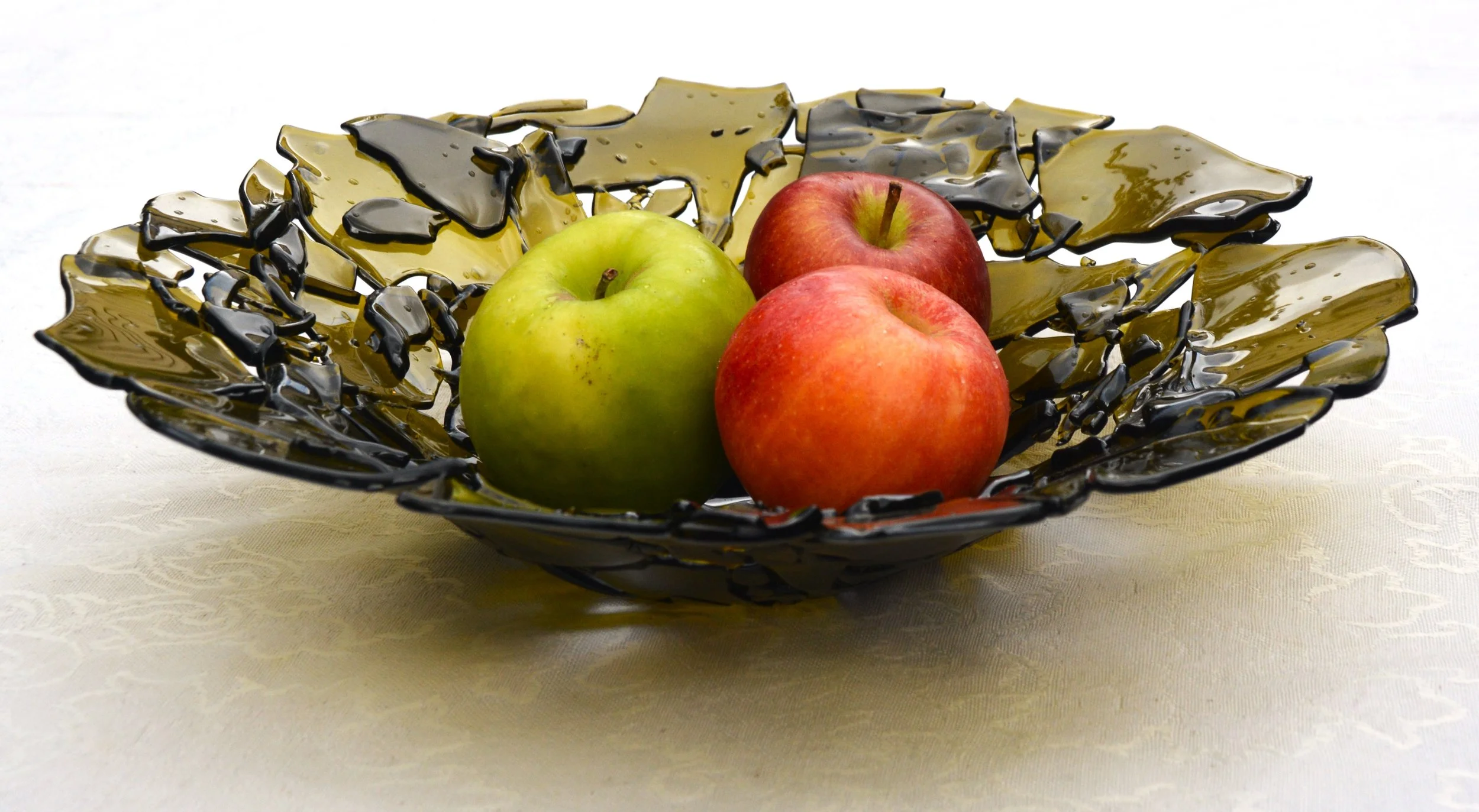 Deep Circular Glass Fragment Bowl, in Olive