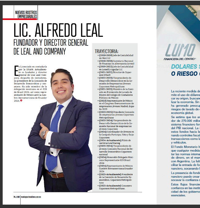 Página de una revista o directorio con una fotografía de un hombre vestido con traje y corbata, sonriendo con los brazos cruzados, y texto que presenta a Licenciado Alfredo Leal, fundador y director general de Leal and Company, con detalles sobre su trayectoria y cargos políticos.