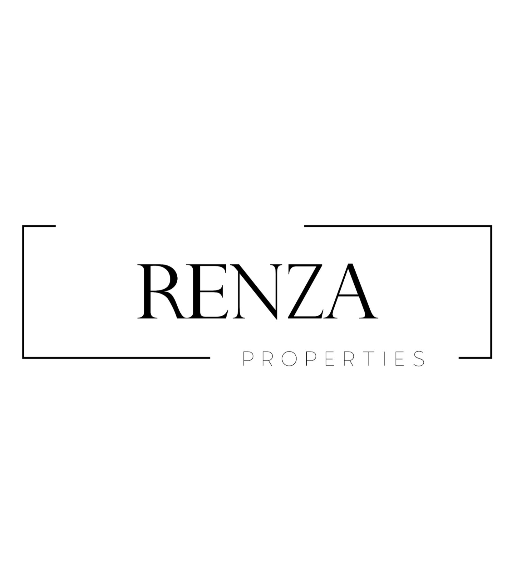 Logotipo de Renza Propiedades en blanco y negro con líneas rectas y texto
