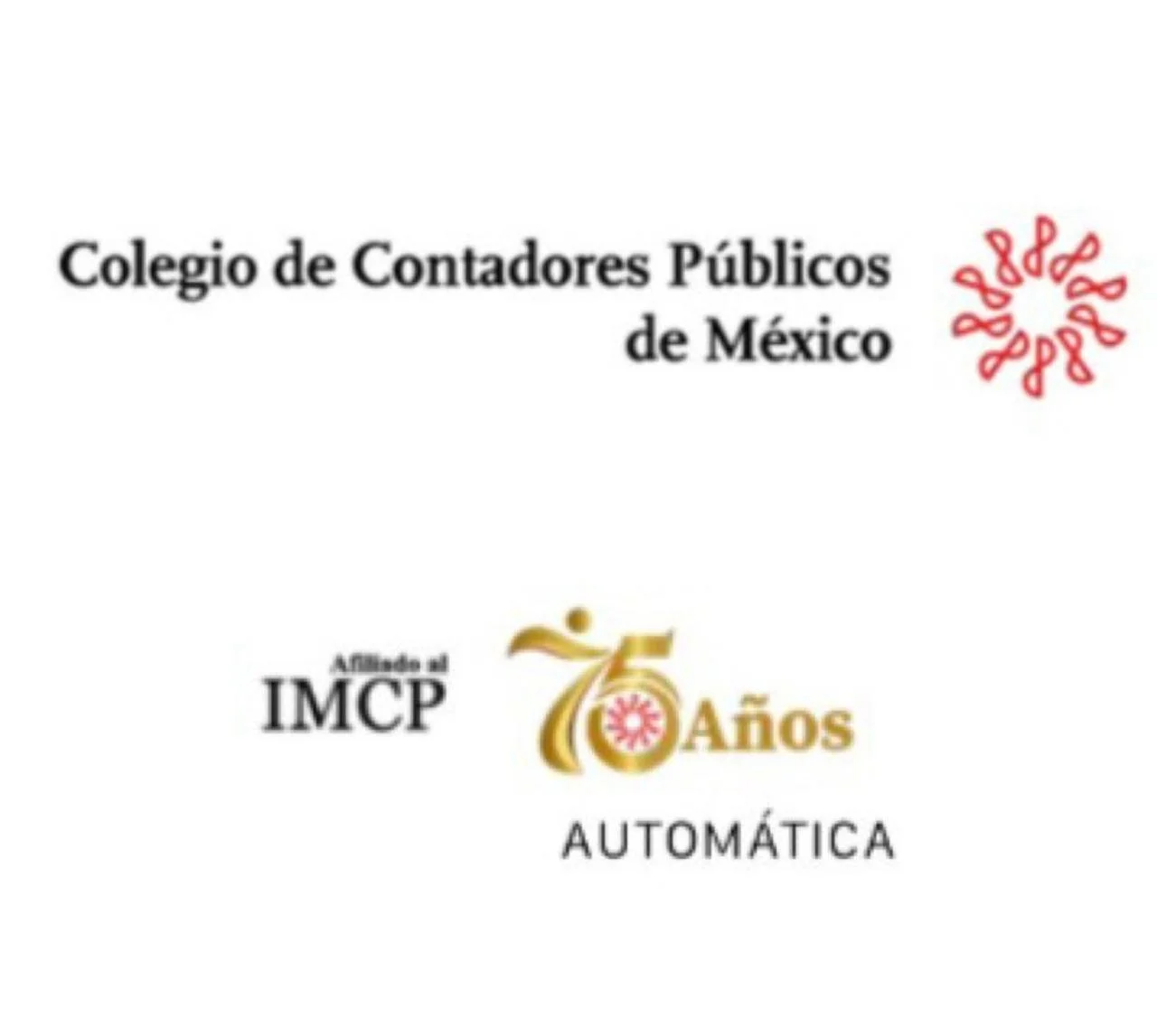Logotipo del Colegio de Contadores Públicos de México con el texto 75 años, que incluye el escudo de México y símbolos decorativos en rojo y dorado.