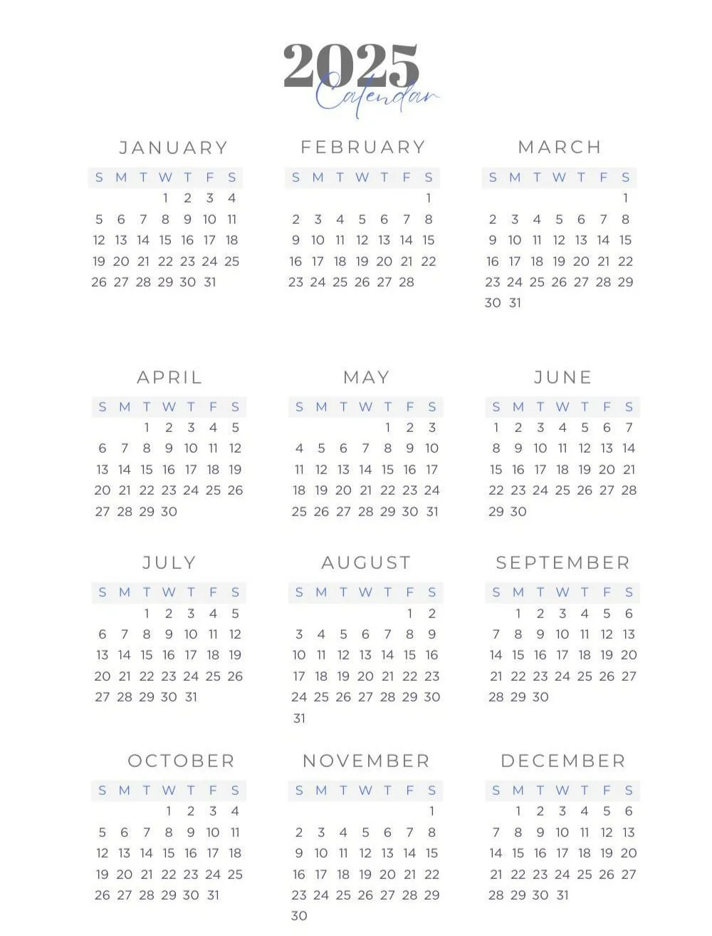 Calendario del año 2025 con meses de enero a diciembre en formato de cuadrícula simple y limpio, encabezado que dice '2025 Calendario' en letras grandes y elegantes.