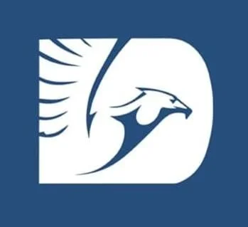 Logotipo en blanco con un águila estilizada en un fondo azul.