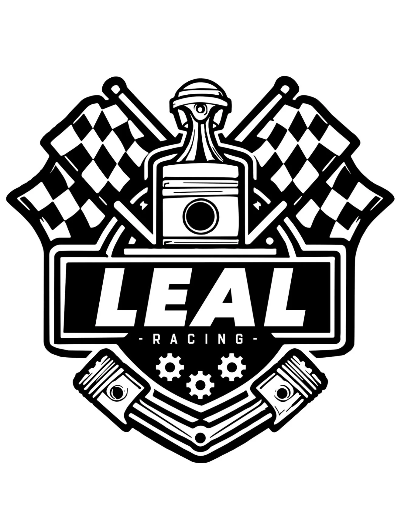 Logotipo en blanco y negro que combina una cámara, pistones, engranajes y banderas de carreras, con el texto 'LEAL RACING'.