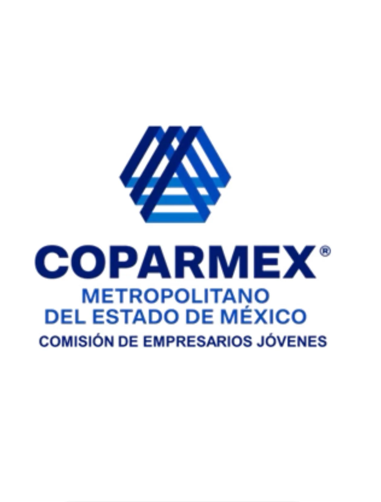Logotipo de COPARMEX Metropolitano del Estado de México, con un diseño geométrico azul y texto en color azul oscuro.