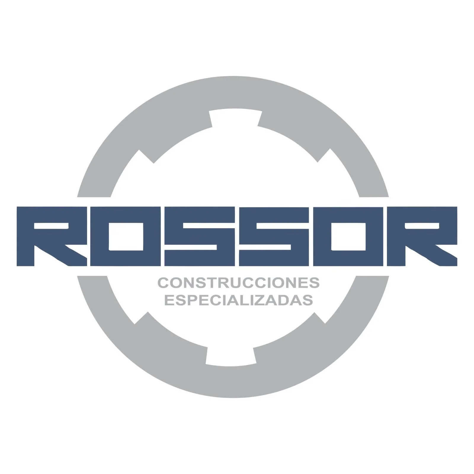 Logotipo de Rossor construcciones especializadas, con un diseño circular en tonos gris y azul y el texto 'Rossor' en grande y 'Construcciones Especializadas' en pequeño debajo.