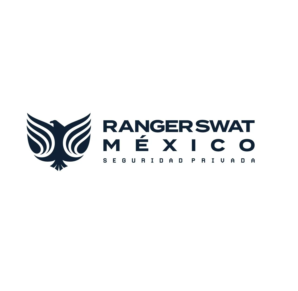 Logotipo del Grupo de Seguridad Privada Ranger SWAT México con un águila estilizada en negro y letras en azul oscuro.
