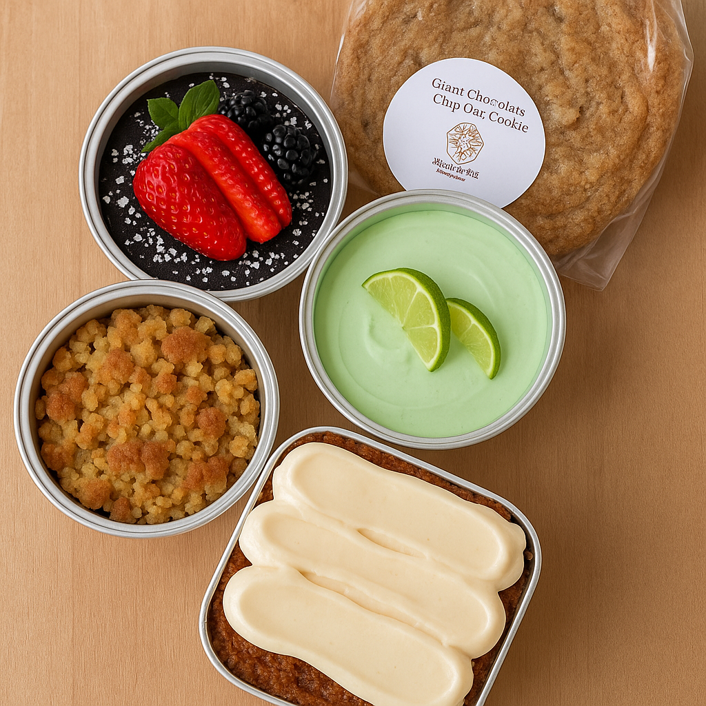 Mini Desserts-(L-R) Flourless Chocolate Cake, Chocolate Chip Cookie, Key Lime Dip, Dutch Apple Bake, Mini Cake Assorted Flavors