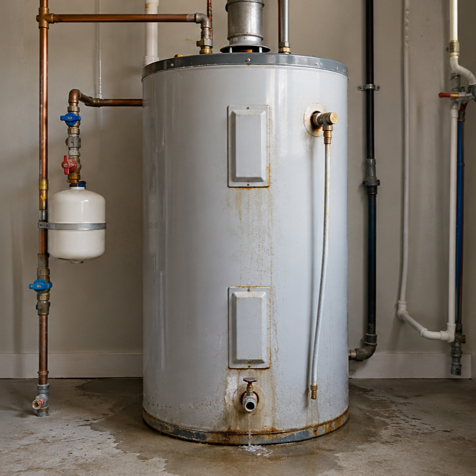 Aging water heater with visible rust stains, leaking water at the base, and corrosion indicating potential failure and repair need.