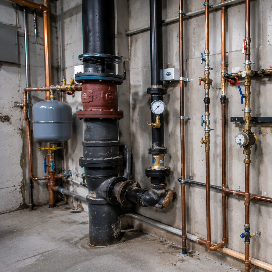 Apartment building water distribution system with risers valves and pressure gauges affecting water pressure across multiple residential units.