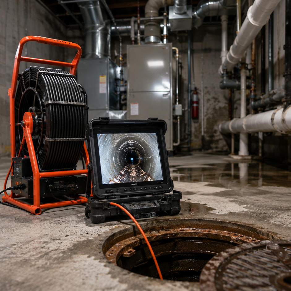 Sewer camera inspection equipment monitoring commercial drain line conditions, helping detect blockages, root intrusion, and pipe damage early.