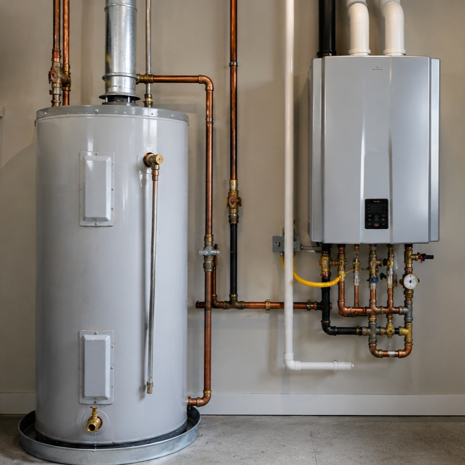 Traditional tank water heater beside modern tankless unit, comparing home hot water systems for efficiency, capacity, and performance.