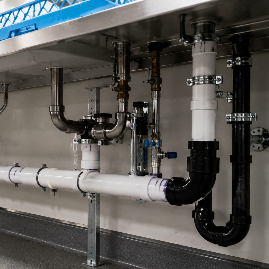 Commercial kitchen drain system with PVC piping beneath stainless sinks, illustrating restaurant wastewater, grease drainage, and plumbing infrastructure.