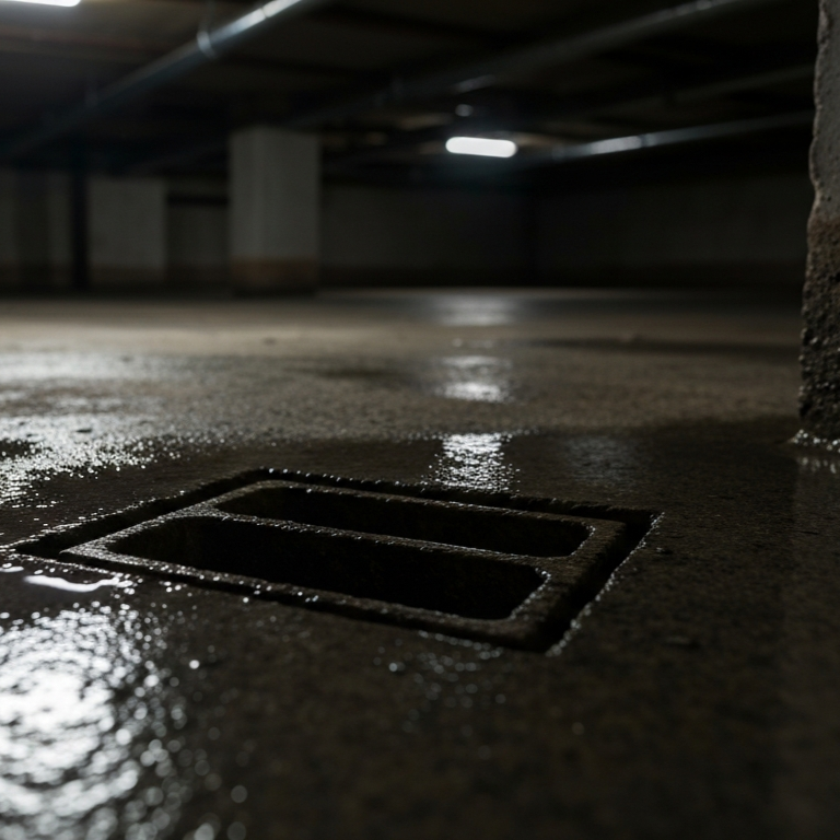 Basement floor drain overflowing with sewage backup, indicating a blocked main sewer line, drainage failure, or system overload.
