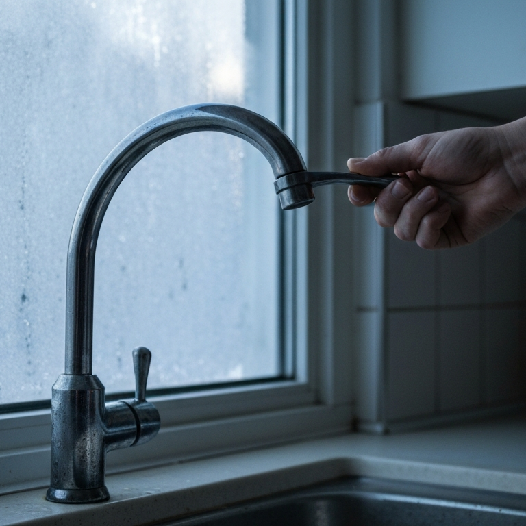 Hand removing faucet aerator from kitchen sink spout near frosted window, illustrating frozen pipe diagnosis and winter plumbing.