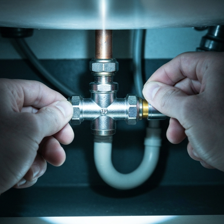 Hands turning a plumbing shutoff valve under a sink, illustrating emergency leak control and urgent plumbing response.