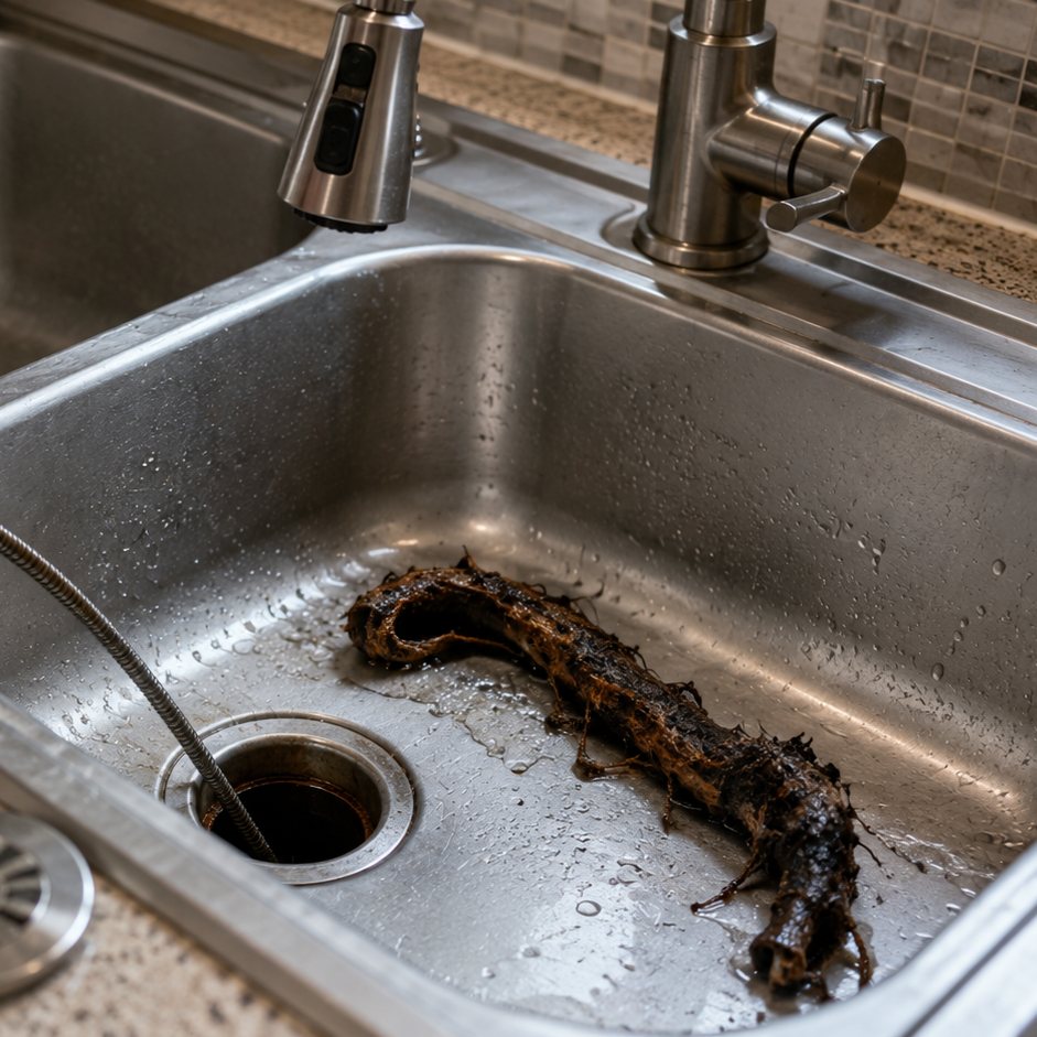 Drain cleaning machine removing tree roots from clogged sink drain, illustrating hidden causes of recurring blockages and drainage issues.