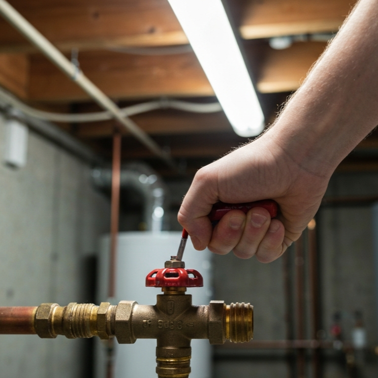 Hand turning a water shutoff valve near plumbing lines, demonstrating emergency response to a frozen pipe situation.