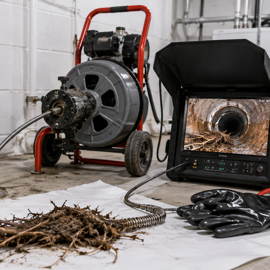 Sewer camera inspection equipment beside cleanout access, displaying tree root intrusion inside drain line after blockage removal service.