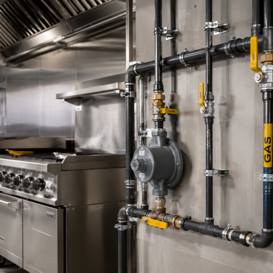 Commercial gas line installation serving restaurant kitchen equipment, highlighting code-compliant piping, load calculations, safety requirements, and permits.