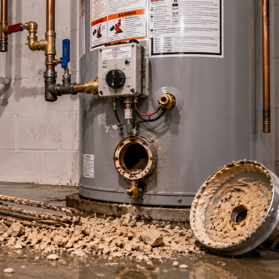 Water heater opened for maintenance with heavy sediment buildup around heating elements, illustrating reduced efficiency and shortened hot-water supply.