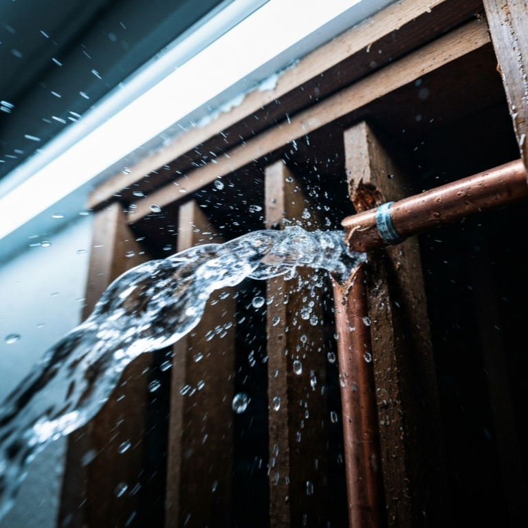 Burst copper water pipe spraying indoors, illustrating emergency plumbing leak, water damage risk, and urgent shutoff response actions.
