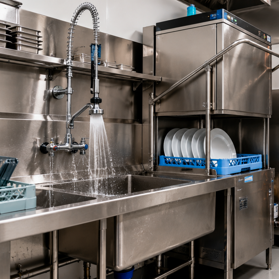 Commercial restaurant kitchen with dishwasher and water heater system, illustrating high hot water demand during busy lunch service.