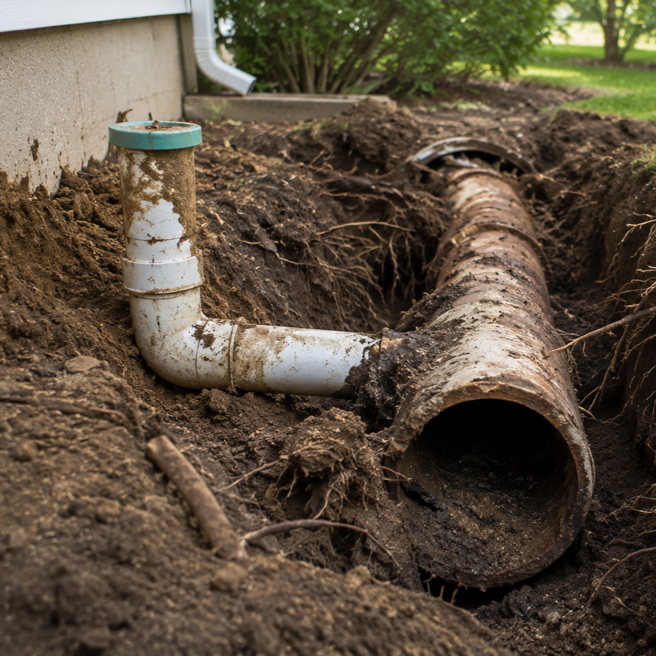 Excavated residential sewer line showing damaged underground pipe during repair of failing main sewer lateral system replacement.