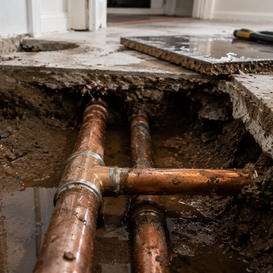 Exposed plumbing pipes beneath concrete slab during repair of underground water leak in older apartment building foundation.