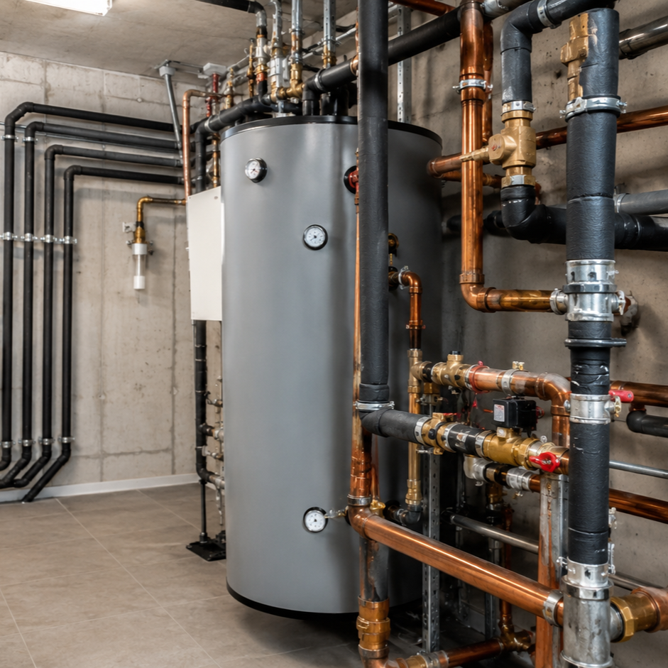 Commercial plumbing system with water heater, backflow prevention, and supply piping, representing phased code upgrades and infrastructure improvements.