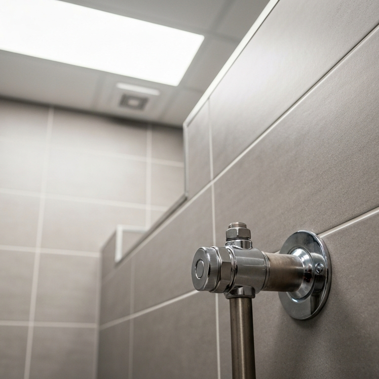 Commercial toilet flushometer valve in restroom, illustrating common causes of continuous running water, leaks, and excessive utility costs.