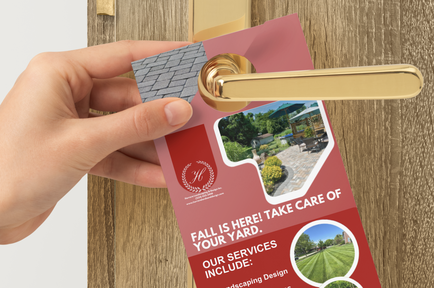 Custom door hanger design for Herrera Landscaping & Design Inc. Perfect to get leads!