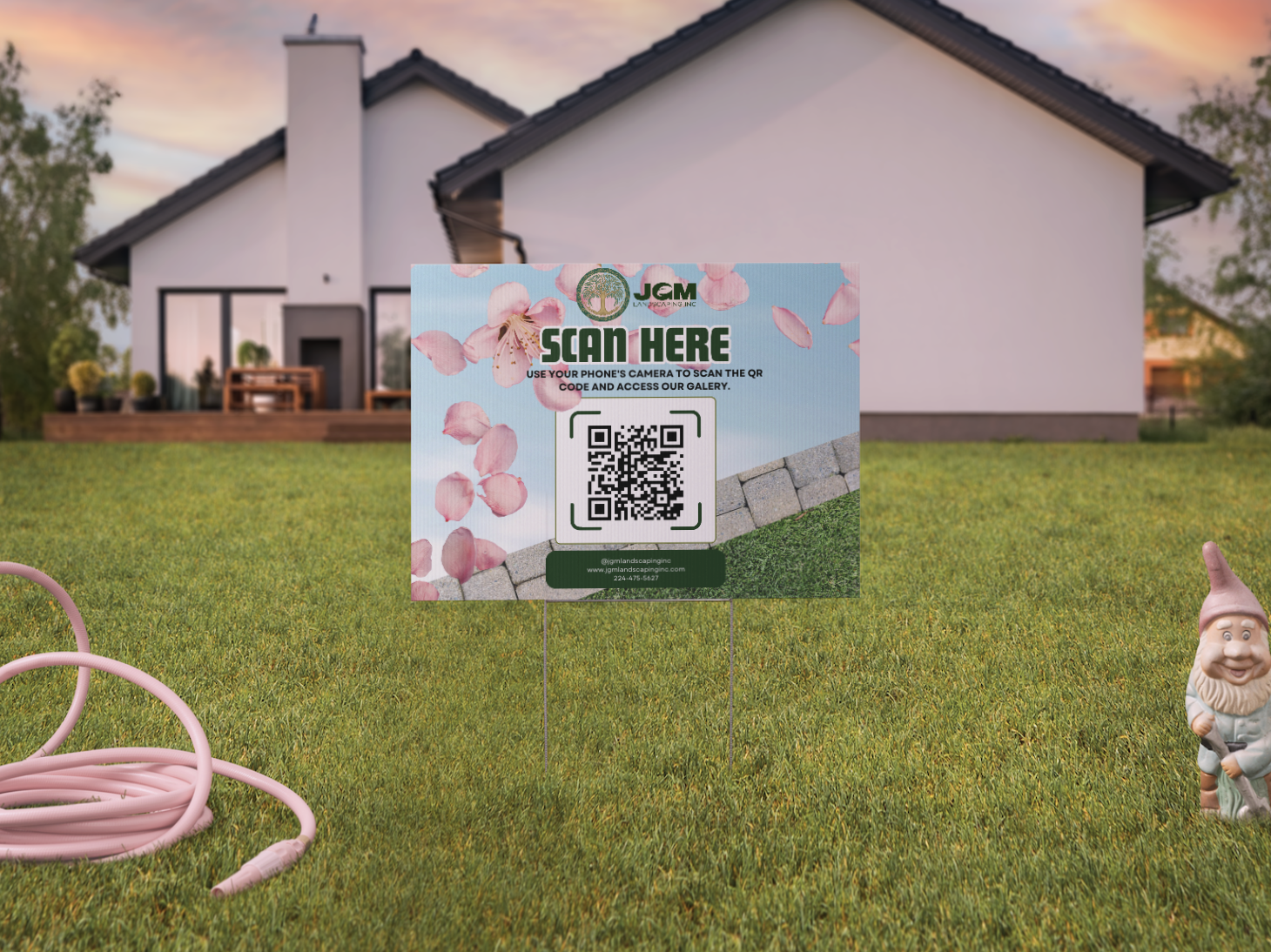 The sign features a branded layout, eye catching colors, and a QR code for quick access to the client's website and instagram page. Landscaping company marketing!
